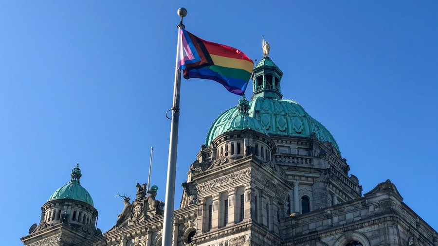 Happy #Pride from #BCLeg! To mark Victoria Pride Week, we're flying the Progress Pride Flag, which celebrates the diversity of the LGBT2Q+ community. We stand in support of BC's LGBT2Q+ community and stand against discrimination, harassment and violence. #PrideMonth #yyjpride