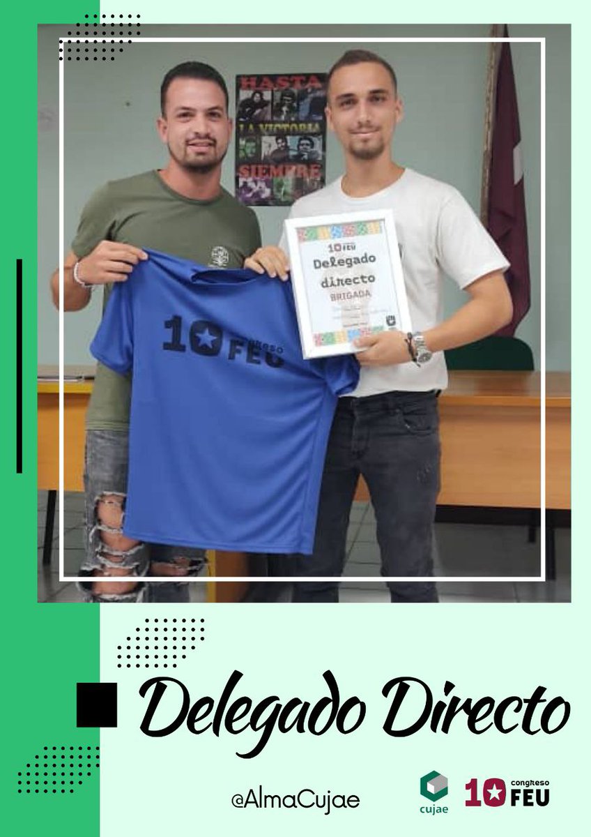 El primer #DelegadoDirecto del <a href="/AlmaCujae/">Alma Cujae</a> al #XCongreso ✊ de la <a href="/FeuCuba/">FEU de Cuba</a> ha sido electo en la Brigada 24 de la carrera de <a href="/CivilCujae/">Facultad de Ingeniería Civil CUJAE</a> 🦈.
.
.
.
#Felicidades para @AlePFon, la confianza que le han depositado sus compañeros es para representar toda el <a href="/AlmaCujae/">Alma Cujae</a>💚.
