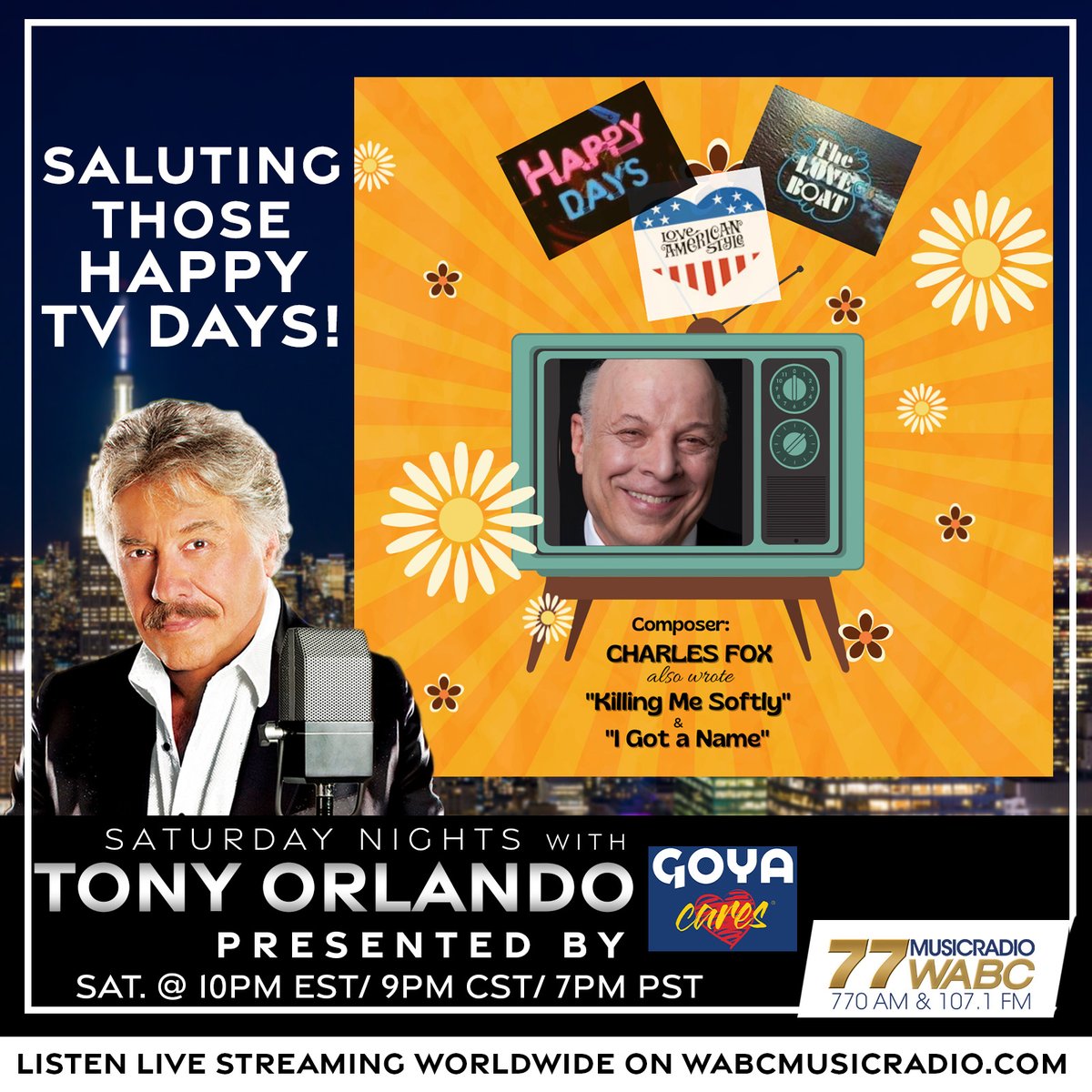 COMING UP TOMORROW at 10PM:

Host <a href="/TonyOrlando/">Tony Orlando</a> will have legendary composer #CharlesFox on the show!

Join us TOMORROW from 10PM-midnight on wabcmusicradio.com, 770 AM, or on the 77 WABC app!

#77WABCRadio #Music #TonyOrlando