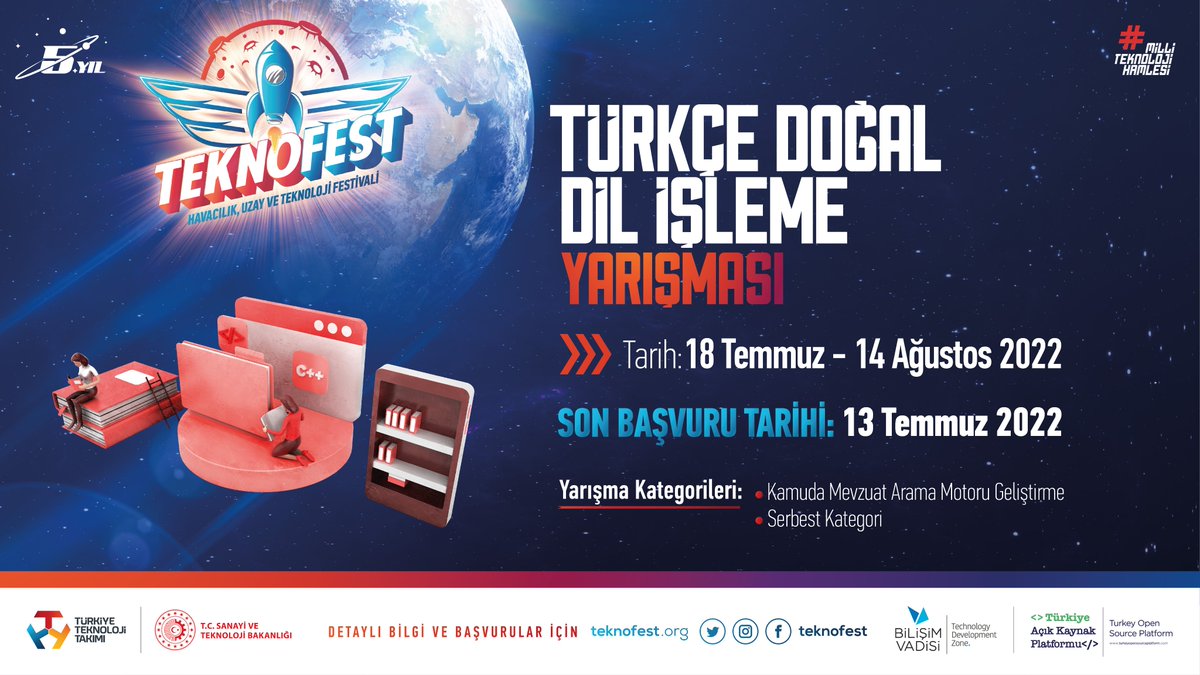 tracikkaynak's tweet image. #TEKNOFEST Teknoloji yarışmalarında Platform olarak çevrimiçi düzenlediğimiz &quot;Türkçe Doğal Dil İşleme Yarışması&quot;na başvurular başladı! 💥
Eğer Türkçe Doğal Dil işleme alanında proje geliştirmek istersen sen de hemen şimdi başvur! 👩‍💻🧑‍💻
Detaylı bilgi için: teknofest.org