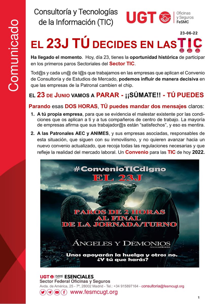 UGTConvenioTIC's tweet photo. 📌 El #23Jun TÚ DECIDES 👥.

👉 PUEDES DESCONECTAR 🔌💻y PARAR 2 ⏰ a la salida de tu jornada habitual.

🗣️PARANDO TÚ🧔🏻puedes influir en el Convenio. TÚ 👧🏻participas en la Negociación. TÚ 👩🏻‍🦰nos haces avanzar a todos. TÚ 👴🏻eres decisiv@. 👏MUCHAS GRACIAS👏
#ConvenioTICDigno #UGT https://t.co/bSv37wQ0eG