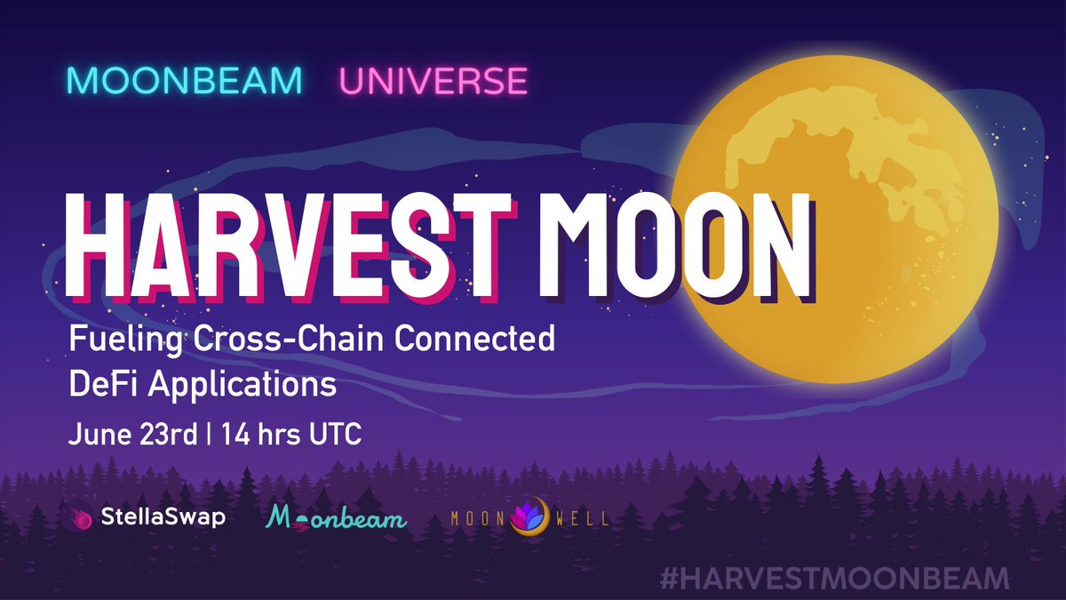 MoonbeamNetwork's tweet photo. 🌕 Let's talk about #HarvestMoonbeam! Join us tomorrow on the next Moonbeam Universe with @MoonwellDeFi's @LukeYoungblood &amp; @StellaSwap's Aziz for all things Harvest Moon &amp; live demos from our guests!

🗓 Thurs. June 23 ⏰ 14:00 hrs (UTC)

Save your spot👇
https://t.co/cfSUoFrMkQ https://t.co/KsNQl3tbMp