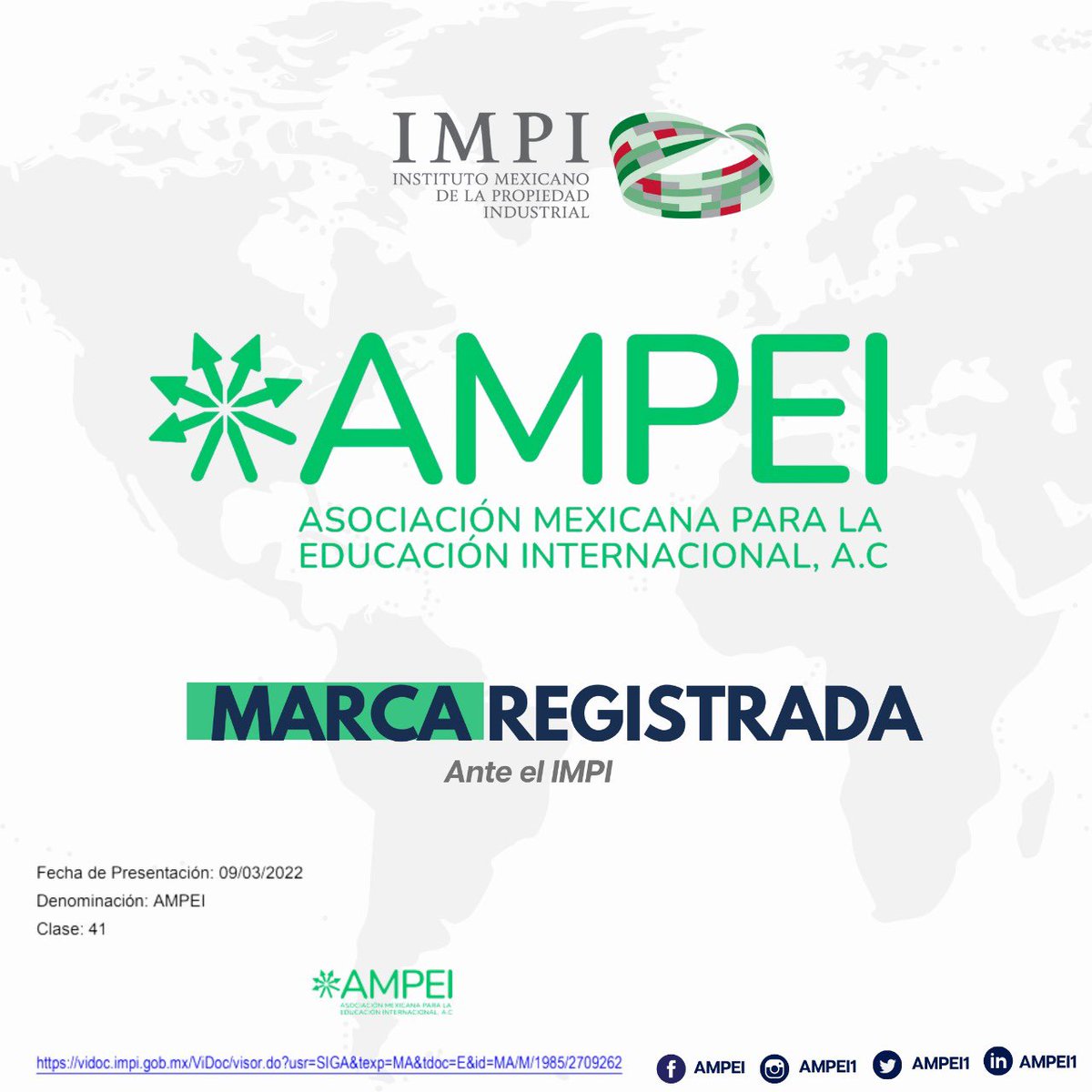 AMPEI1's tweet photo. Con gusto les compartimos que el pasado 13 de junio inició la vigencia del registro de marca de AMPEI, mismo que fue publicitado en la Gaceta Oficial del IMPI.
#AMPEI #IMPI https://t.co/qdW2UTWbe7