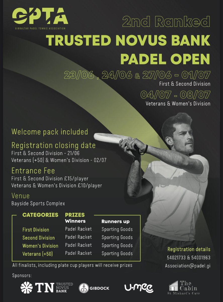 🎾 We start tomorrow our 2nd Ranked @TrustedNovus Padel Open. ⏱Matches as from 5pm. 📍Bayside Sports Complex (Muga Area) Come down and support 🙌🏻 @umeegib @stmichaelscabin @GibdockLtd @EROSKI