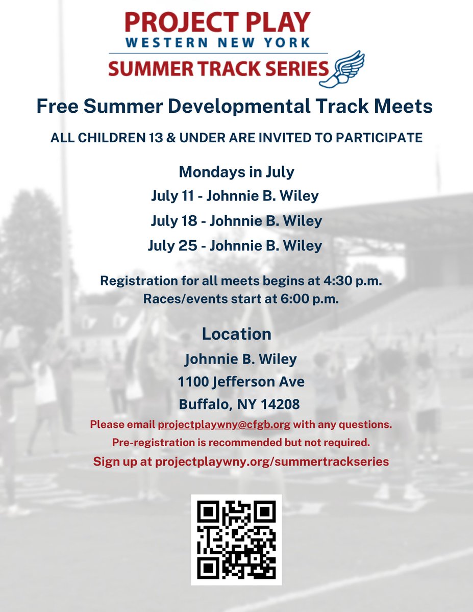 ProjectPlayWNY's tweet photo. The Project Play WNY Summer Track Series is back starting July 11! We are pleased to offer these free events to children 13 & under.
For more information visit https://t.co/FaMdCkC8Ug
#sportssampling #trackandfield https://t.co/8cJMpS0wyL