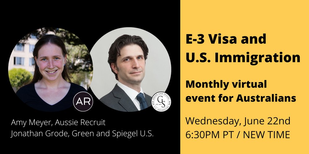 GreenSpiegelUS's tweet photo. See you tonight at 6:30PM PT for the latest E-3 visa updates including where you can book E-3 visa appointments, &amp; how to pick a good E-3 employer. Amy Meyer, #AussieRecruit &amp; Jonathan Grode, #GreenSpiegelUS will answer your questions. https://t.co/0RlWwijjA5 #E3Visa #Immigration https://t.co/CFDwnjnixH