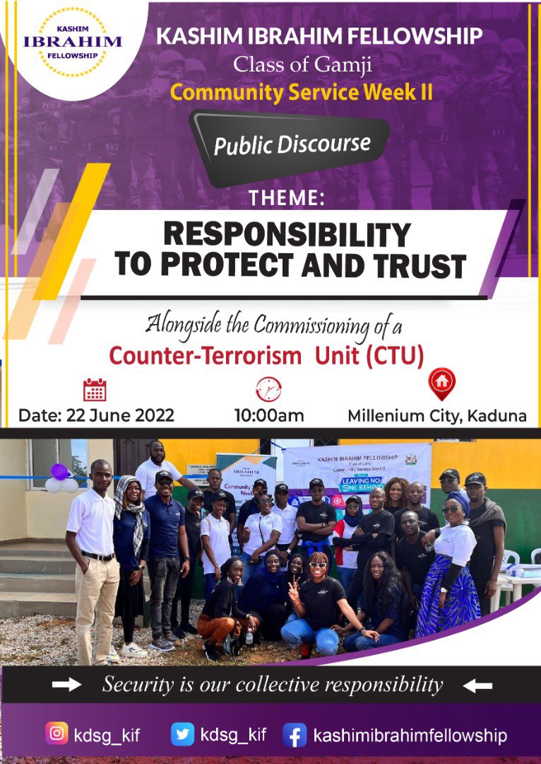 KDSG_KIF's tweet photo. For day three of their #CommunityServiceWeekII, the #KashimIbrahimFellows hosted the Anti-Terrorism Unit, as well as the Community Heads and Members of Kakura Village, Kaduna State.
This event took place at the newly renovated Police Counter-Terrorism Unit, and..(1/7) https://t.co/qmBw3jp0q0
