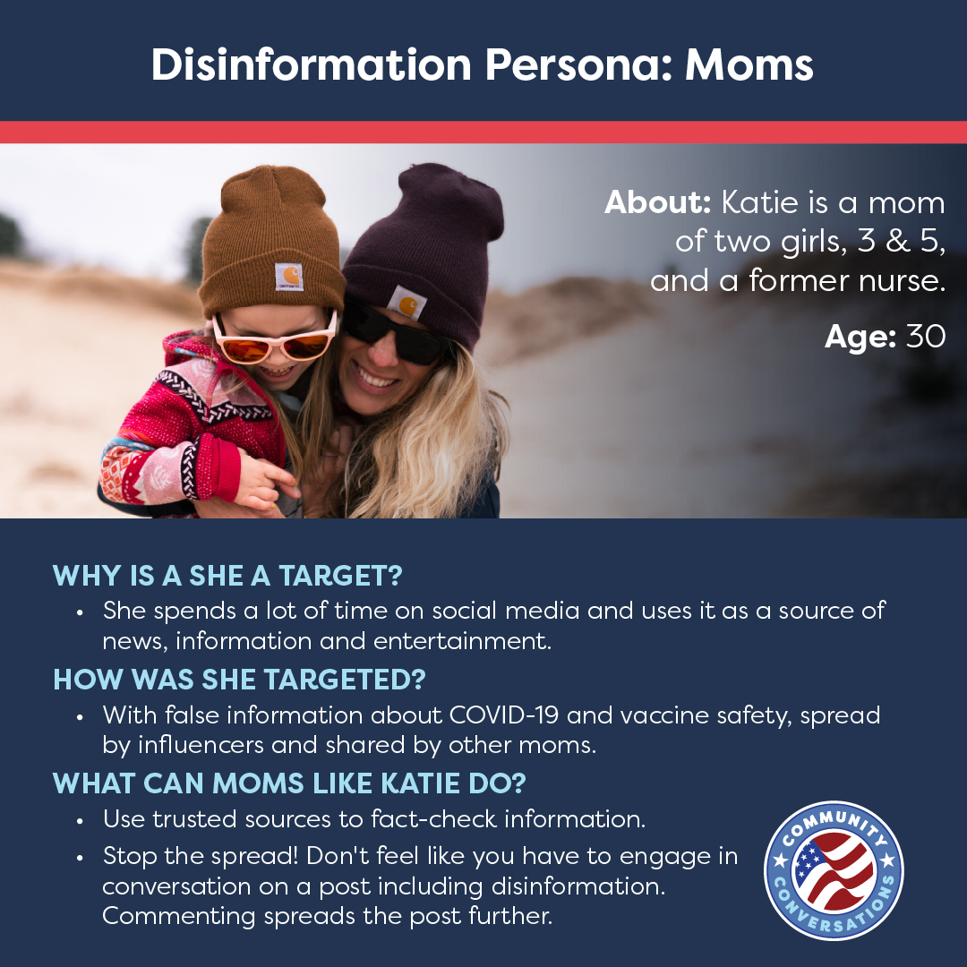 Project4America's tweet photo. Meet Katie: a SAHM who uses social media to share photos and connect with other moms. She doesn’t realize the influencers they follow are spreading disinformation about COVID-19. Moms are important in the fight to #DisarmDisinformation. Here’s how: https://t.co/09cxRPUzLK https://t.co/WiQjxnCKmf