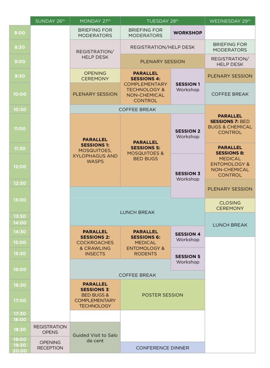 rubueno10's tweet photo. 📢 Only a few days to start!!
👉🏻 Check the Programme!!
#ICUP2022BCN #Mosquitoes #Xylophagous #Wasps #Cockroaches #CrawlingInsects #BedBugs #ComolementaryTechnology #NonChemicalControl #ChemicalControl #Rodents #MedicalEntomology #PestControl https://t.co/NzHYV7wvmH