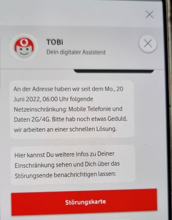 Dunkeltochter's tweet photo. @vodafone_de Witzig ist, laut Störungskarte gibt es hier keine Störung 🧐 laut Tobi allerdings schon. Nur leider ohne Info, wann das denn behoben sein wird 😑 https://t.co/21HvERoh7R