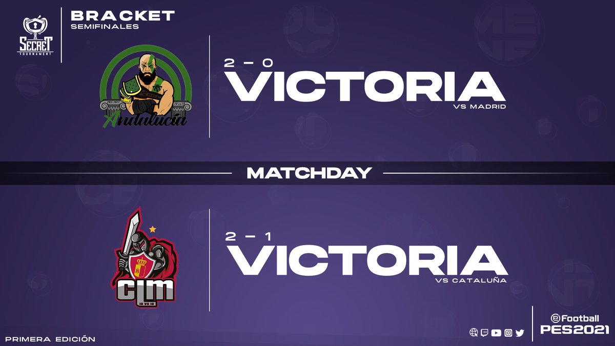 #SecretPES #PES2021 

Finalizamos las semifinales del torneo de comunidades de Efootball PES 2021.

<a href="/Andalucia10vs10/">Pes - Selección Andaluza 10vs10</a> y @CLMpes10vs10 logran avanzar a la final y se enfrentarán este viernes a las 22:30 en nuestro canal de Twitch, no os lo perdáis.

📺 | twitch.tv/secrettourname…