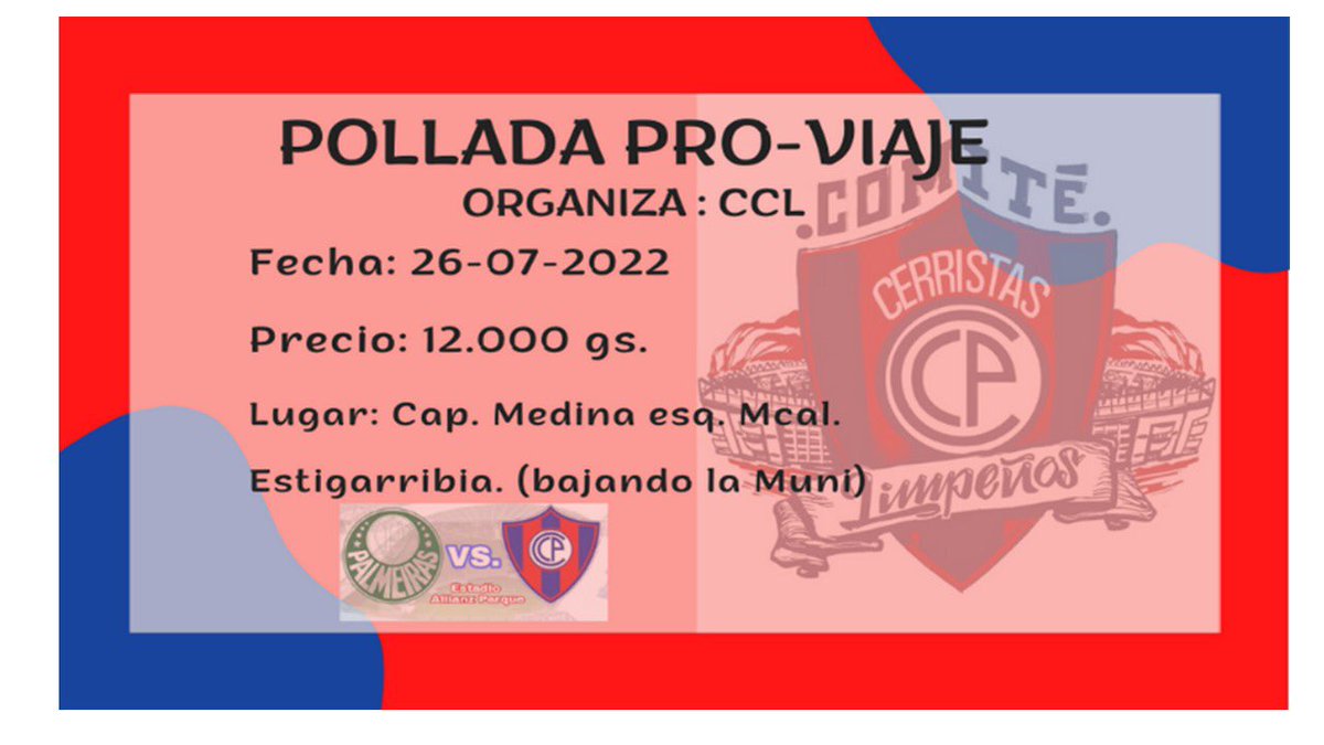 comite_ccl's tweet photo. POLLADA PRO VIAJE
Fecha: 26/07/2022
Precio : Gs 12.000
 Capitan Medina esquina Mcal Estigarribiaa
Ref: bajando la Muni de Limpio 
#comitecerristaslimpeños 💙♥️ https://t.co/dKPFXlDWTi