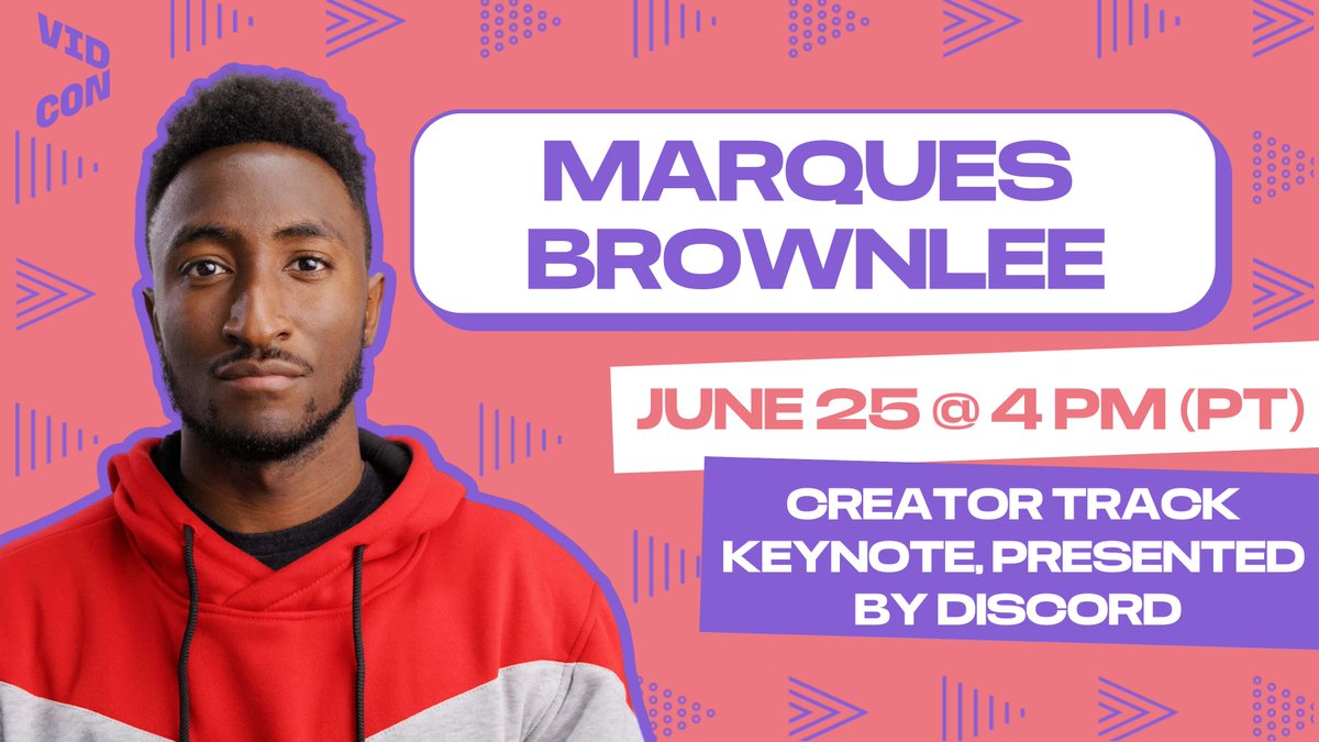 VidCon's tweet photo. We're excited to announce @mkbhd as the keynote speaker on the Creator Track, presented by Discord! Learn more about how he's been using the platform to build a home to better connect with his online community June 25 @ 4 PM (PT). https://t.co/fHKRo7gtPB