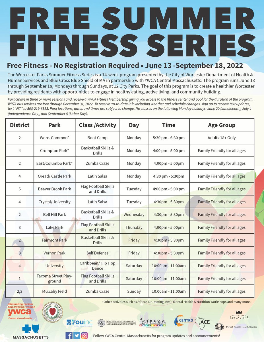 CHGWorcester's tweet photo. FREE SUMMER FITNESS SERIES
❌No registration fee or sign-up
📅 June 13 -September 18
🧡Classes at 12 City parks
Learn more https://t.co/r1lOj6MTxB https://t.co/bsH8E9Mnqn
