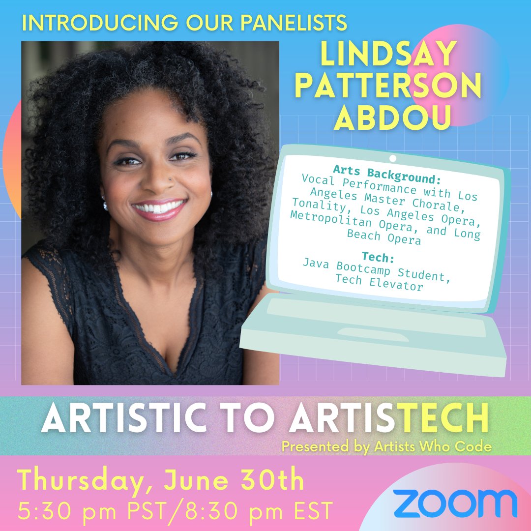 artistswhocode's tweet photo. We are thrilled to welcome vocalist Lindsay Patterson Abdou, a boot camp student at @Tech_Elevator! Lindsay is a stellar example of how to make your coding dreams come true, slowly but surely.

Register: https://t.co/RVgiVFztV8 https://t.co/bLE8fIjQii