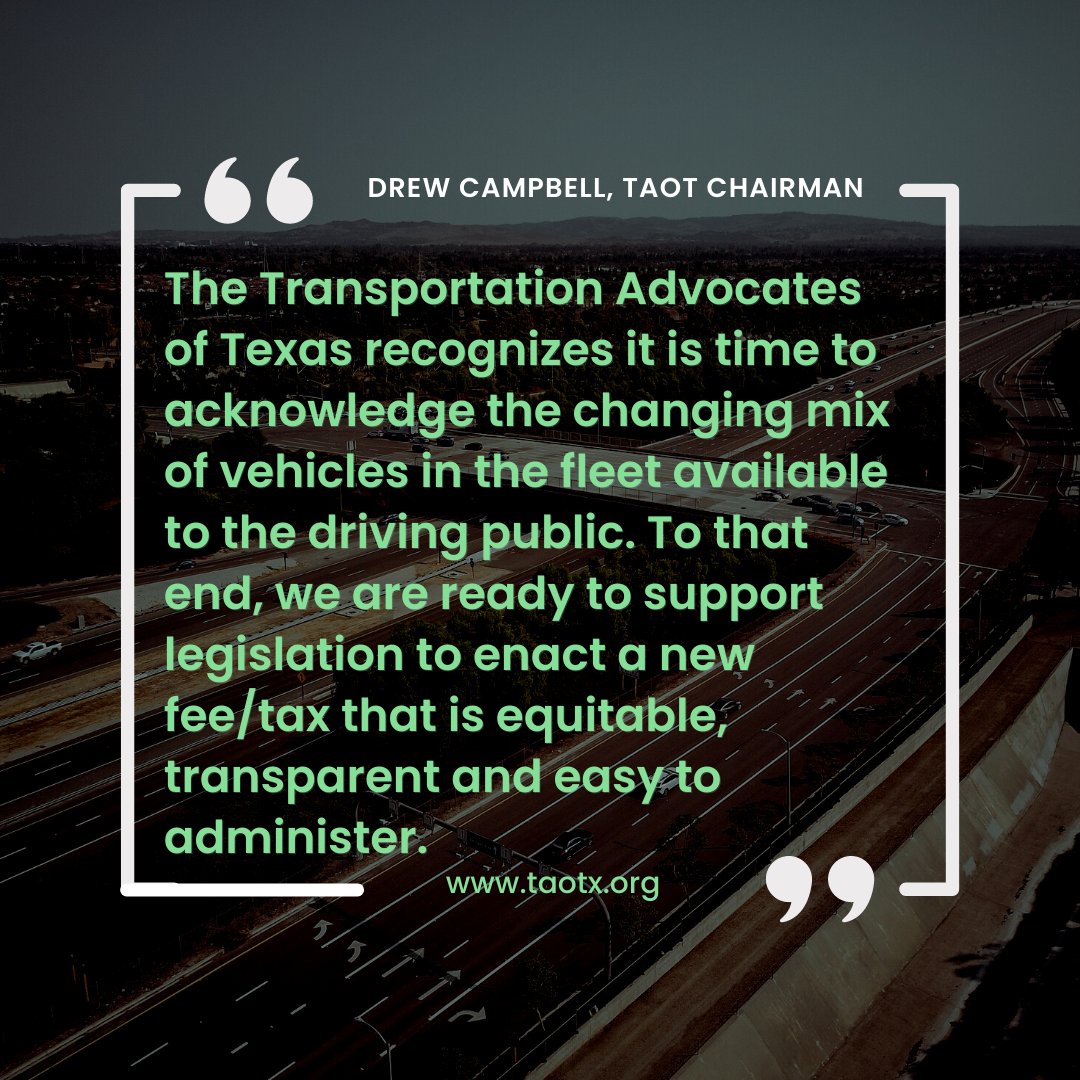 TXtranspo's tweet image. On April 26 at a public hearing of the House Transportation Committee in ATX, Drew Campbell, 2022 Chair of TAOT, provided testimony in general support of an EV fee to help fund Texas’s growing infrastructure. 

Visit taotx.org to read the full testimony.