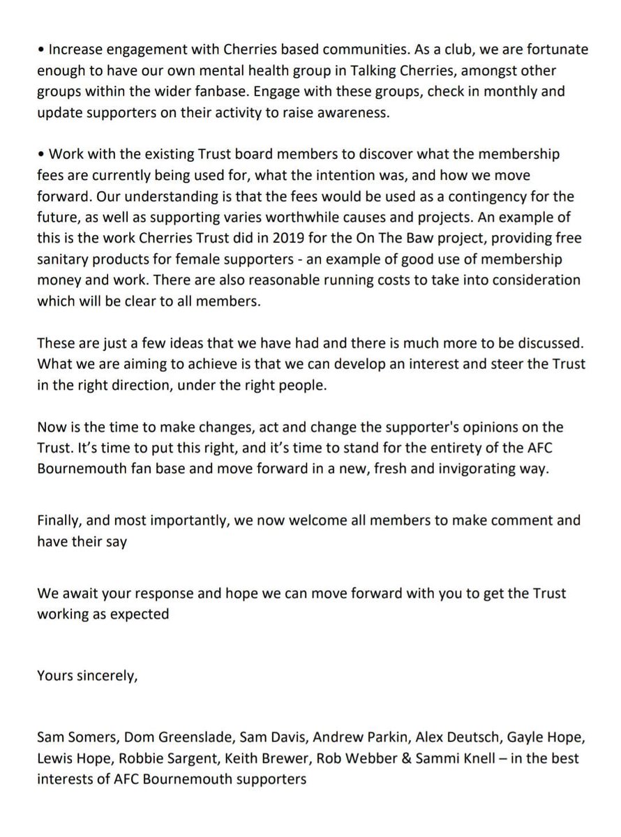 DAGreenslade's tweet photo. Together with @SamAS91_, we are writing an open letter to the @CherriesTrust 

We as supporters feel that better representation and clarity is needed surrounding the Trust, and to re establish relationships and communication with the fan base #afcb https://t.co/gm0m0UZ8DG