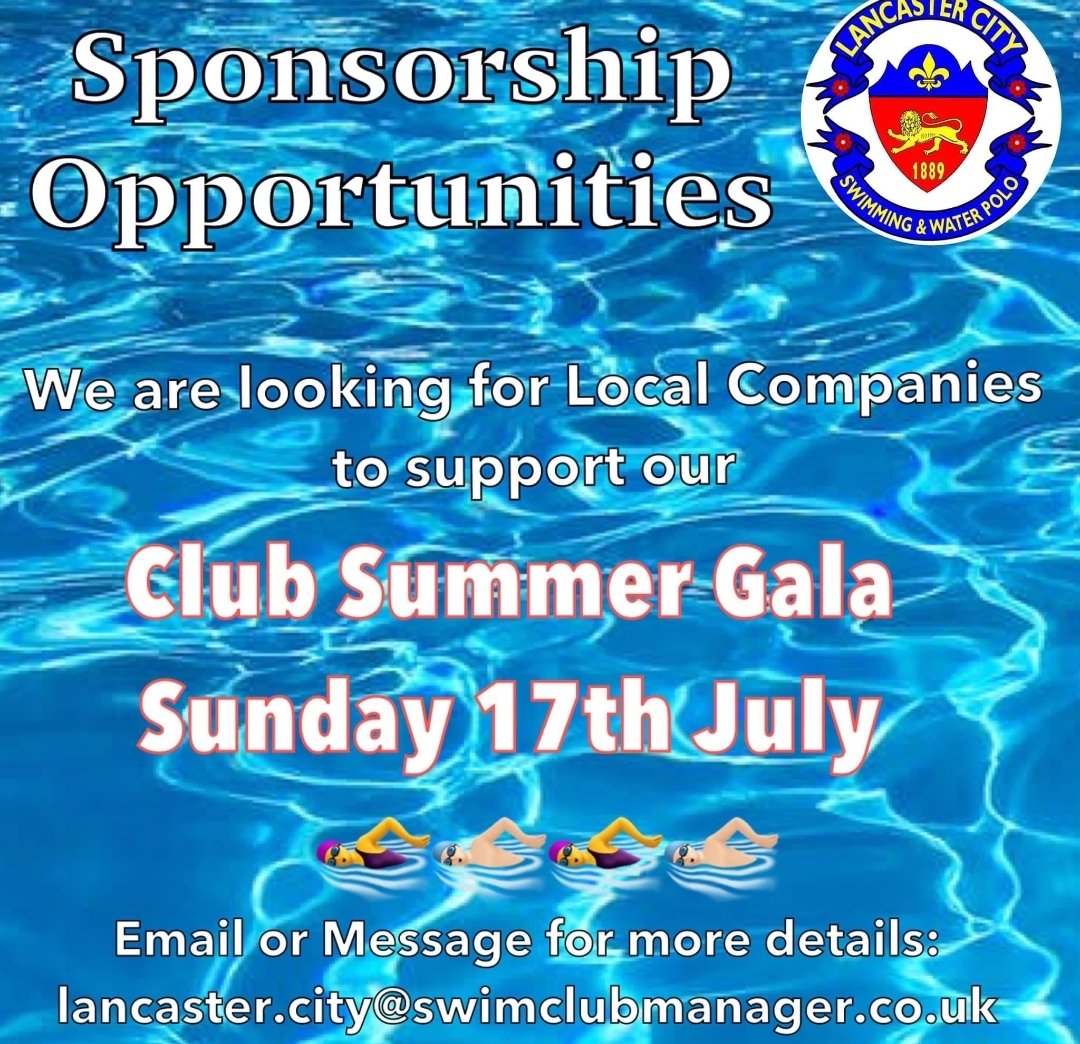 LCASWPC (@laswpc) on Twitter photo 💦 RACE SPONSORSHIP Summer Gala - 17 July 22.💦
If you own or work for a local company and would be interested in advertising at this event please email us at: lancaster.city@swimclubmanager.co.uk
YOUR SUPPORT = swimmers 🥇🥈🥉
lcaswpc.co.uk 💦 RACE SPONSORSHIP Summer Gala - 17 July 22.💦
If you own or work for a local company and would be interested in advertising at this event please email us at: lancaster.city@swimclubmanager.co.uk
YOUR SUPPORT = swimmers 🥇🥈🥉
lcaswpc.co.uk