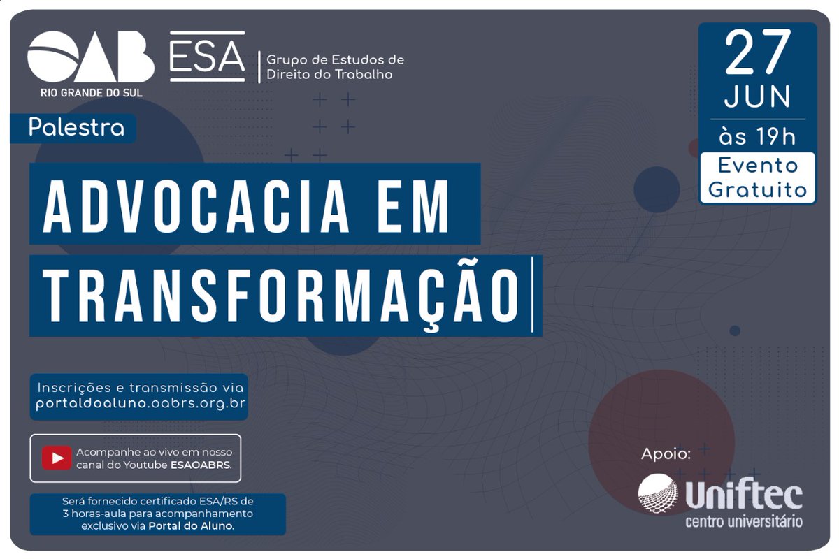 A ESA/RS realizará a palestra “Advocacia em Transformação” com o objetivo de refletir sobre o futuro da advocacia que, nos últimos anos, transformou-se em razão da utilização da tecnologia. O evento on-line tem certificação de 3 horas-aula. Saiba mais em: bit.ly/39Nc1H1