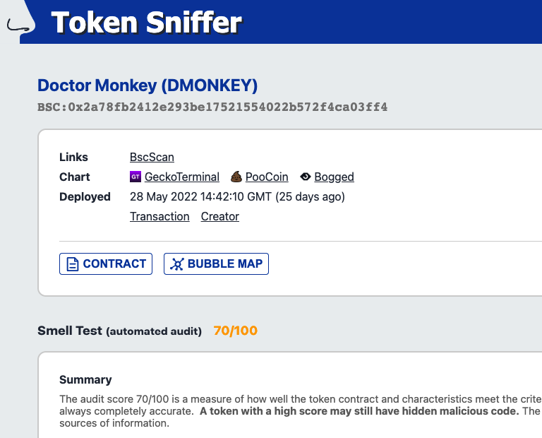 First improvement: Token Sniffer score increased from 18 to 70/100 now

$DMONKEY to the moon 🚀

#DoctorMonkey #DMONKEY #BSC #charity
