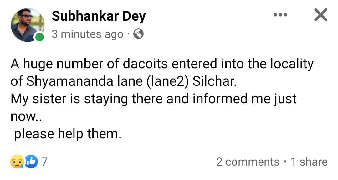 BarakBulletin's tweet photo. Urgent! Alert! 100! #SOS Reports of dacoits looting residences in Shyamananda Ashram Roads coming in. People are in distress. Waterlevel in the area - between 6 - 10 ft. Need immediate assistance. @cacharpolice @gpsinghips @DGPAssamPolice #Cacharfloods, #AssamFloods2022 https://t.co/57ElGcwNKJ