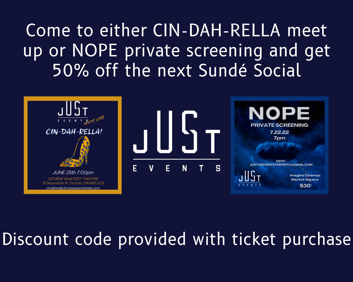 JustUsEventsto's tweet photo. Purchase your tic for either event and get 50% off the next @sundesocial event. https://t.co/WGwbLSZqs2