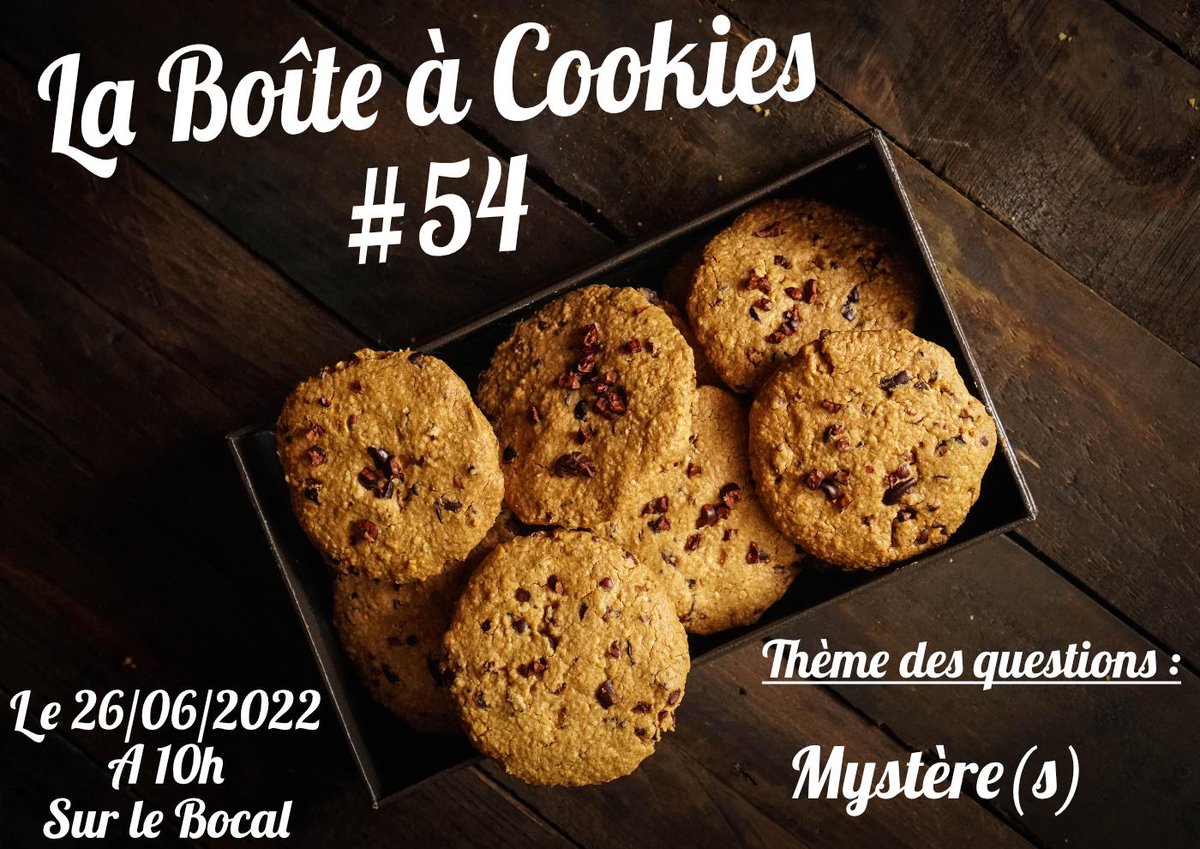 Le sujet de la Boîte à Cookies de dimanche est Mystère(s) et #jdr, et il s'éclairera avec vos questions et la discussion en commun ! N'hésitez pas à venir nombreuses et nombreux, vous êtes les bienvenues ! 
A dimanche 😘