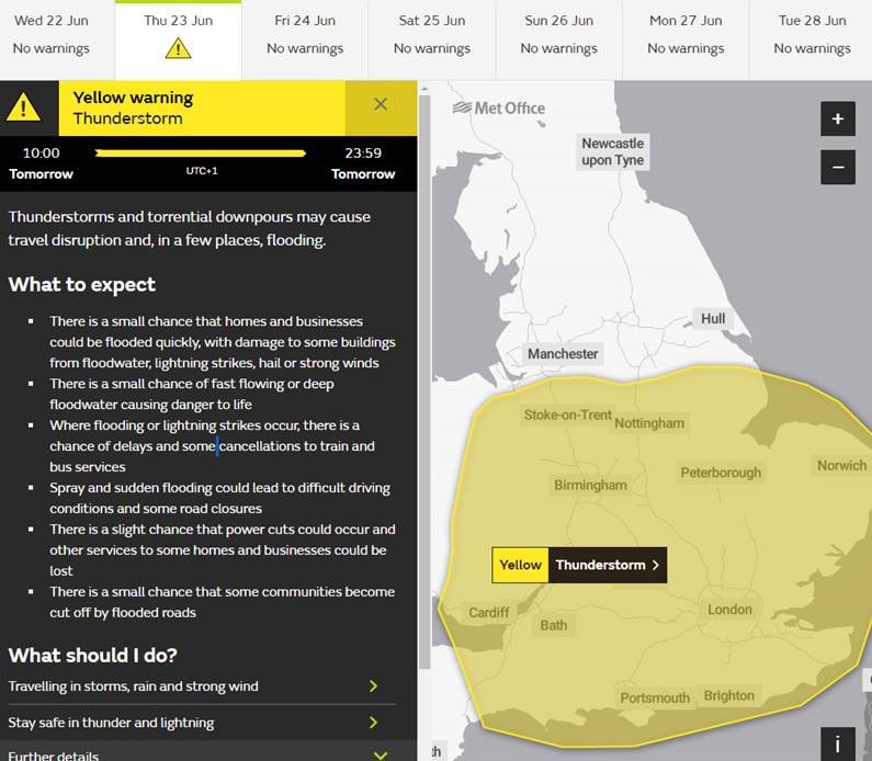 The Met Office has issued a weather warning for possible thunderstorms and torrential rain tomorrow.

It looks like we’re in for some pretty widespread downpours, so do please take care.
