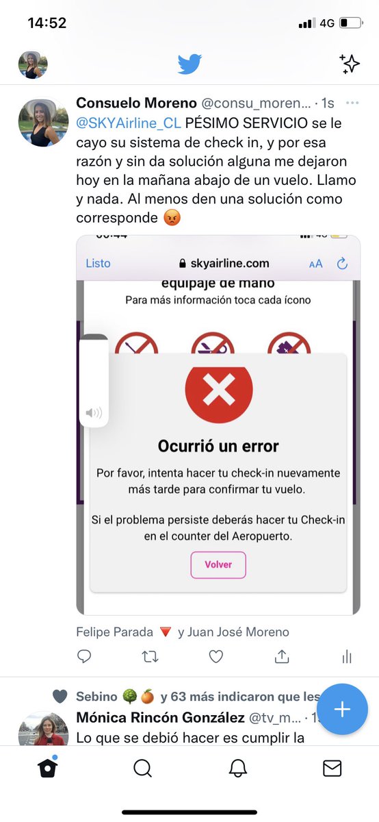 consu_morenof's tweet photo. @SKYAirline_CL PÉSIMO SERVICIO se les cayo su sistema de check in, y por esa razón y sin dar solución, me dejaron hoy en la mañana abajo del avión. Llamo y nada. Al menos den una solución como corresponde 😡 https://t.co/ea5w79BZ59
