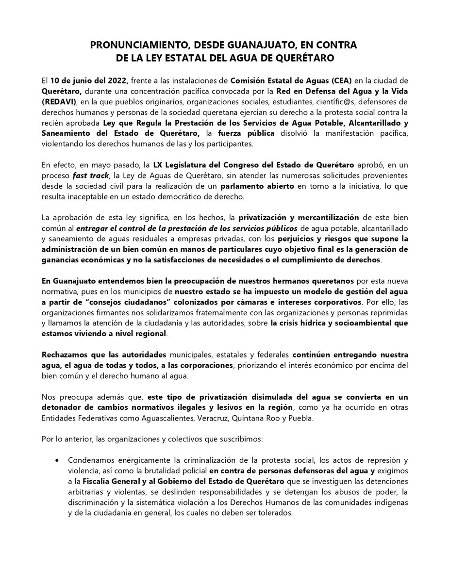 acolectivamx's tweet photo. 📢Pronunciamiento | Organizaciones de #Guanajuato  nos unimos frente a la Ley Estatal del Agua de #Querétaro #LeyConcesiones aprobada sin atender las voces de la sociedad civil y rechazamos la criminalización de la protesta social.
#AguasConLaLeyDeAguas⚠️https://t.co/nadVauy9Zr https://t.co/wyh4xy9mL2