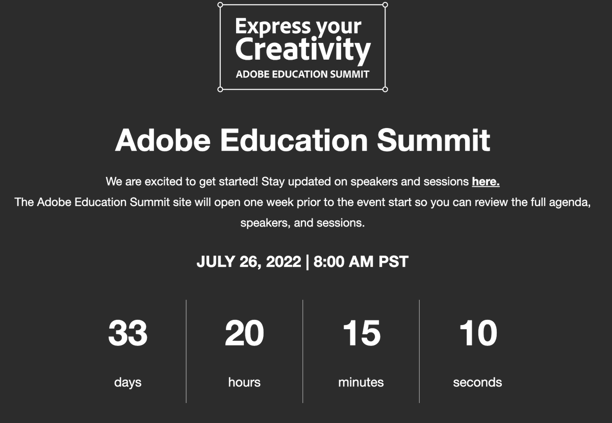 linleemedia's tweet photo. It might be too early to think about what you are doing at the end of July. But I am so ready for this FREE @AdobeForEdu Summit! @MsClaraGalan @TanyaAvrith @RebeccaLouHare 😍😍😍😍😍 #creativity4all https://t.co/Pydp7ncVK6