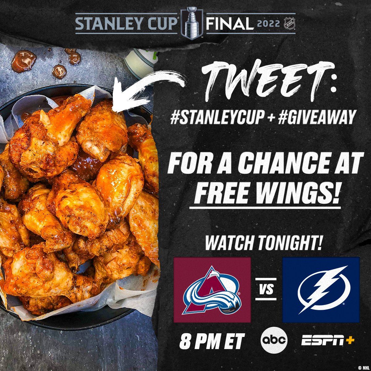 NHL's tweet image. Tampa, Denver, NYC, LA, Chicago: What's better than watching playoff hockey? Watching while eating FREE WINGS!

Tweet #StanleyCup + #Giveaway for a chance to score free wings for tonight's Game 4 matchup!

Rules ➡️ spr.ly/6014zgtTs