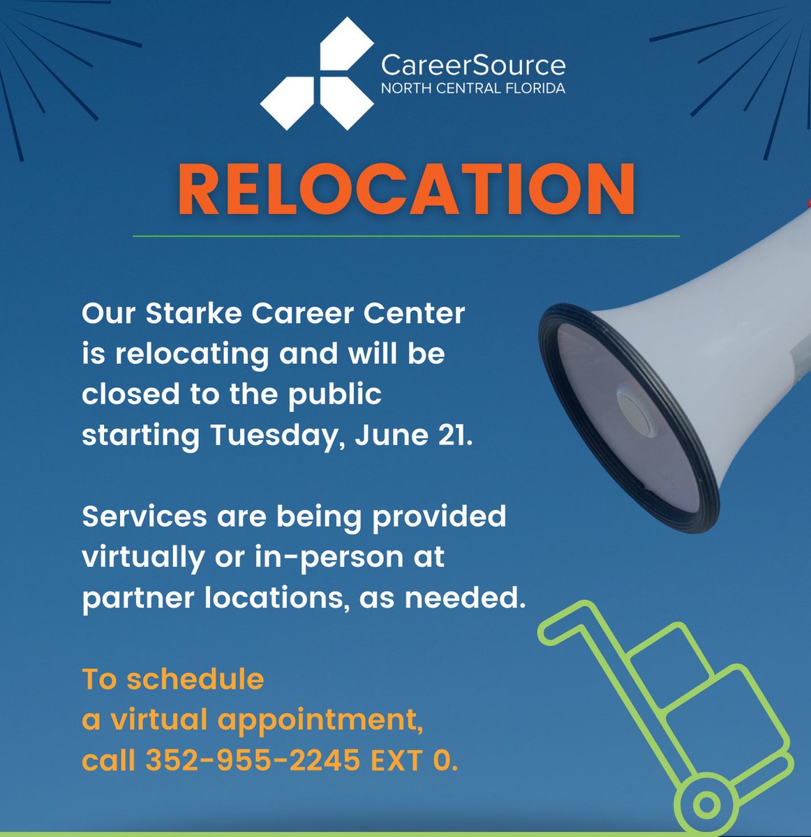 Our Starke Career Center is relocating and is closed to the public. Staff will be assisting customers virtually. 

To view the flyer, visit bit.ly/3blsBOv.