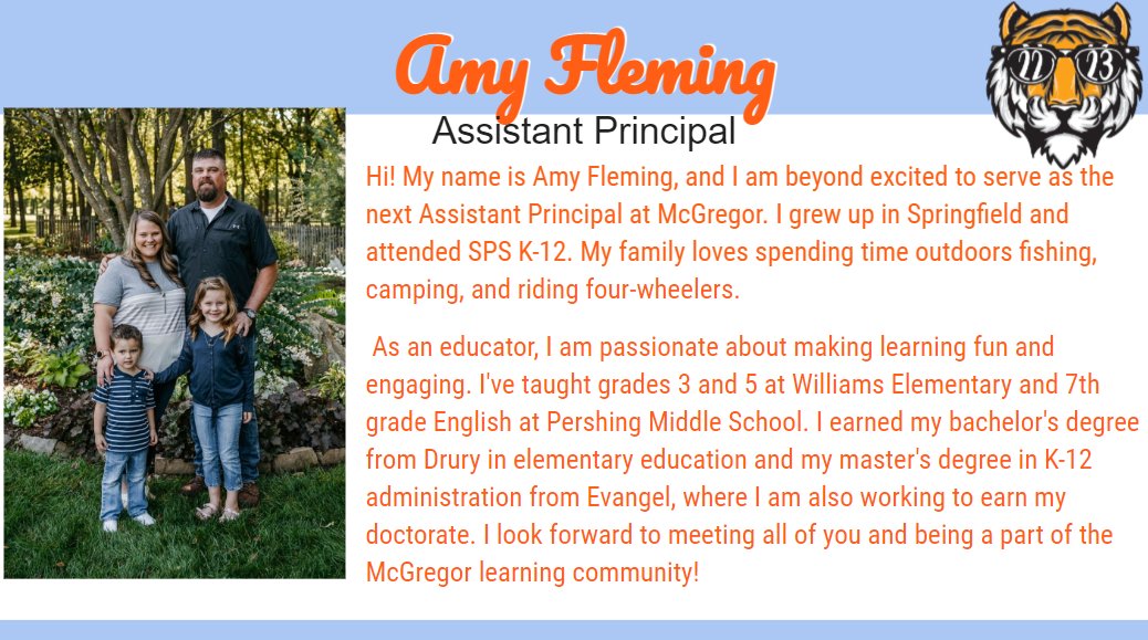 Shout out and welcome to Amy Fleming our new Assistant Principal!