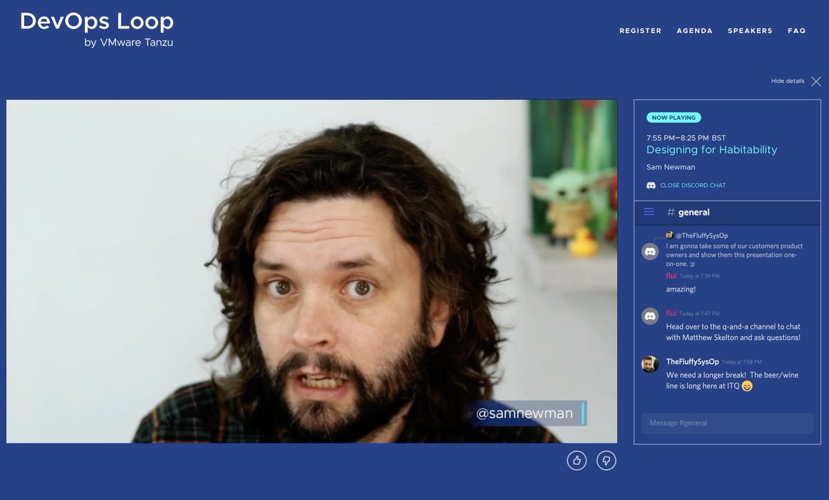 eddiejaoude's tweet photo. Great talk by @samnewman starting right NOW on "Designing for Habitability" at #DevOpsLoop event by @VMwareTanzu

➡️ "It's ok, we've got a platform"
➡️ tips/pitfalls on how to create a platform

It is still going on live now, join us...
https://t.co/cPEWj3nsPQ

#TanzuPartner https://t.co/N7ZP3aUrd5