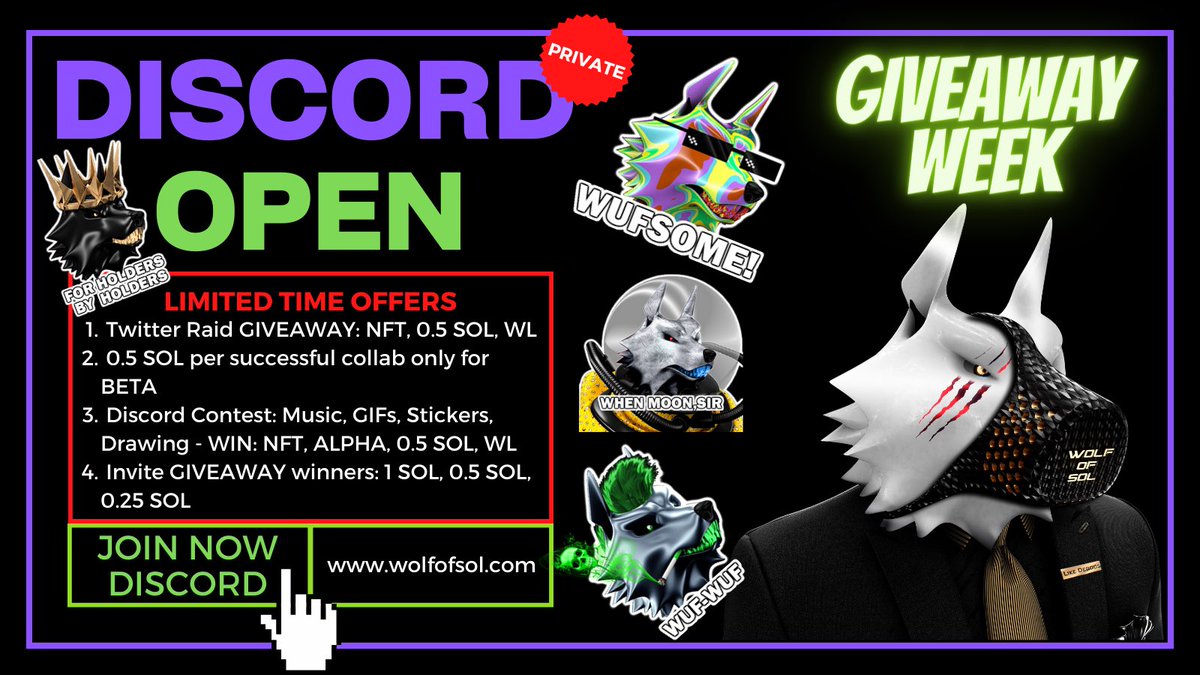 WolfOfSol's tweet image. #Wolves Discord is now open for everyone! 🐺

For limited time only!!!

FIRST 100 TO JOIN WILL RECEIVE A WHITELIST.

👇🐺Now is the time to join🐺👇

discord.gg/MfhqVbFeNR

#WolfOfSol #WhitelistGiveaway