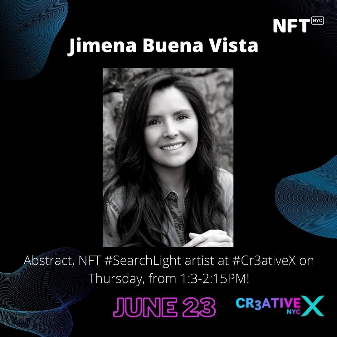 SearchNFTs's tweet photo. Come join our second panel of the day with @JimenaBuenaVida one of our #SearchLight artists at #Cr3ativeX on Thursday, June 23 from 1:3-2:15PM!

#NFTNYC #Cr3ativeX #SearchlightArtist #NFTcommunity https://t.co/ojirY23W6C