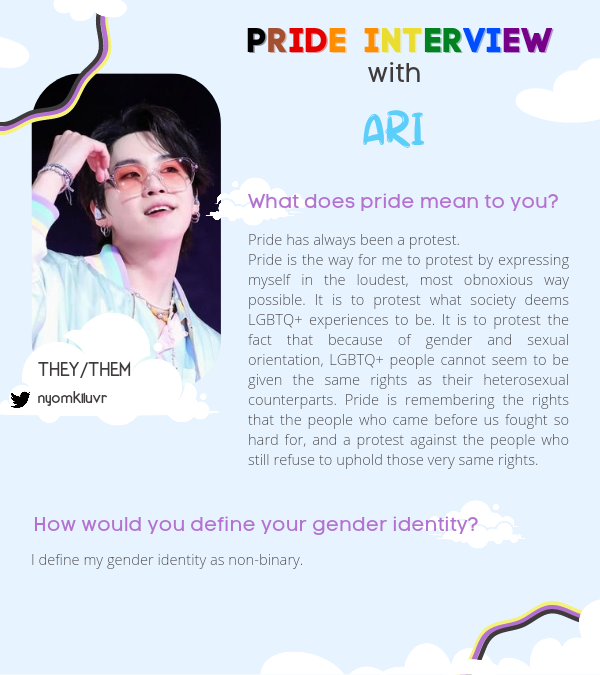 transrepzine's tweet photo. In today's #PrideInterview, Ari one of our merch artists, says "The way you express your gender is up to you" as they talk to us about what Pride means to them. π³οΈββ§οΈπ€π https://t.co/kFJf4vr4cL