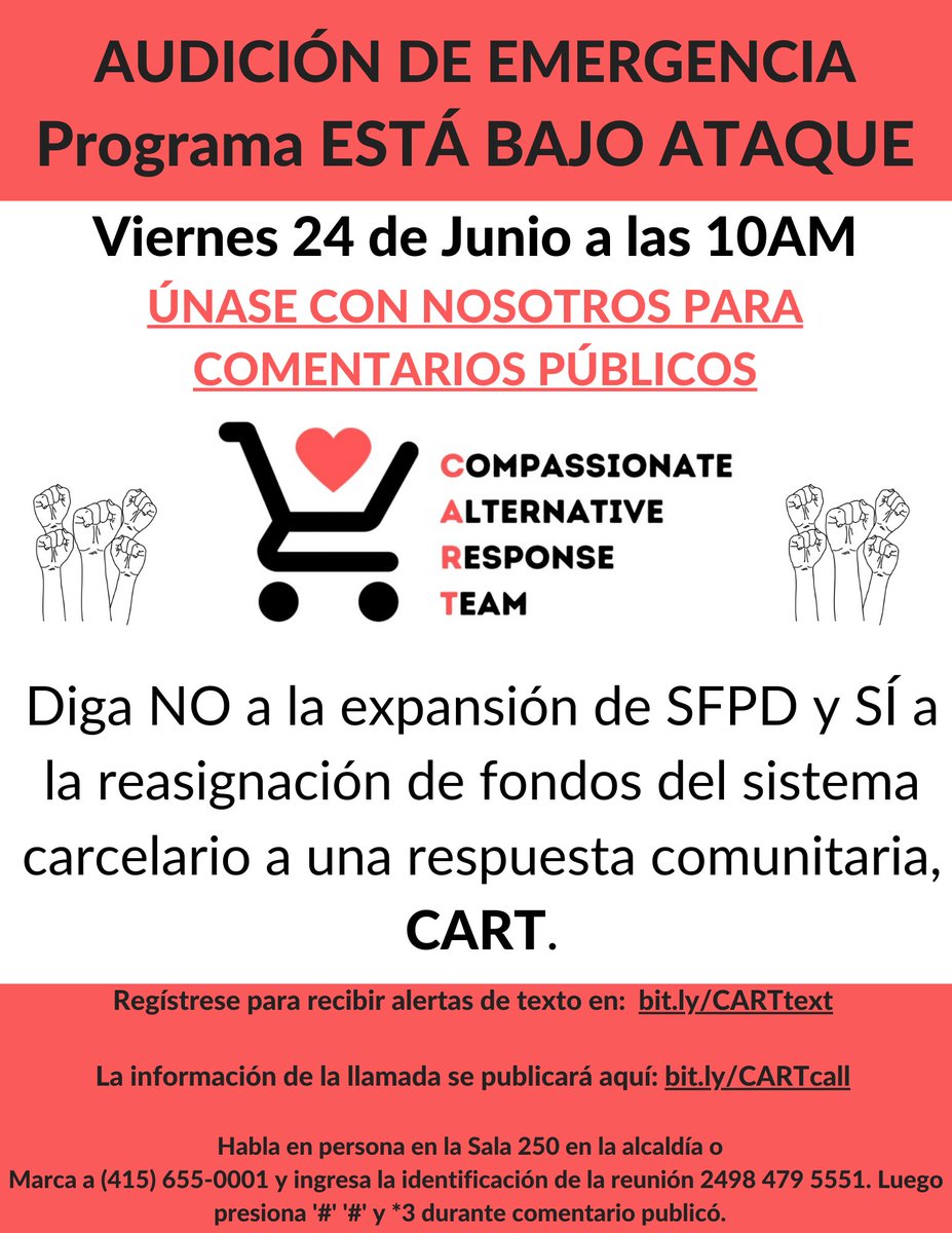 CART_SF's tweet photo. Únase con nosotros para dar comentario público este Viernes, 24 de Junio, a las 10 am. mientras llamamos a la Junta de Supervisores para priorizar los fondos necesarios para que CART esté en funcionamiento.

#CARTSF https://t.co/VkEesJ8C2L