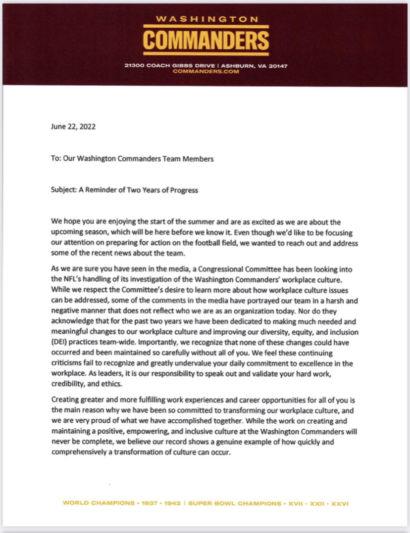 AdamSchefter's tweet photo. Moments ago, Tanya and Dan Snyder, along with team president Jason Wright sent out this letter to members of their organization: https://t.co/X1k9ekM0Jd