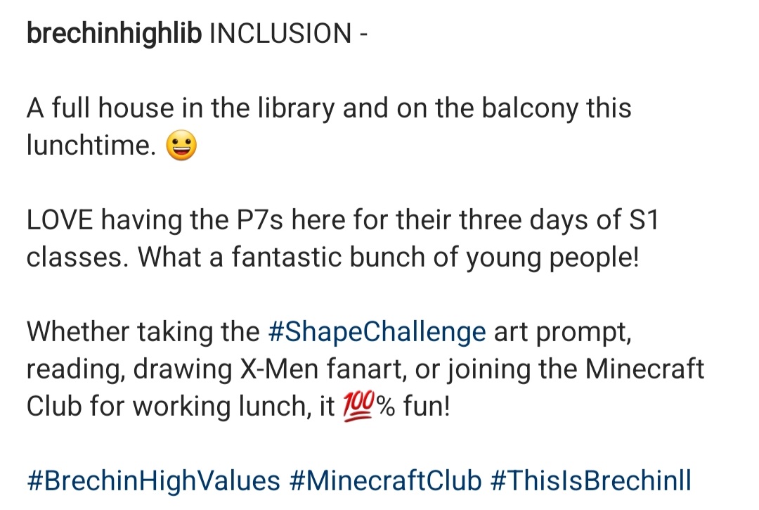 BrechinHighLib's tweet photo. INCLUSION -
It's so great having the P7s here for their 3 days of S1 classes. What a fantastic bunch of young people! 🤩
#ThisIsBrechin #MinecraftClub #BrechinHighValues https://t.co/9GfnPWxNLf