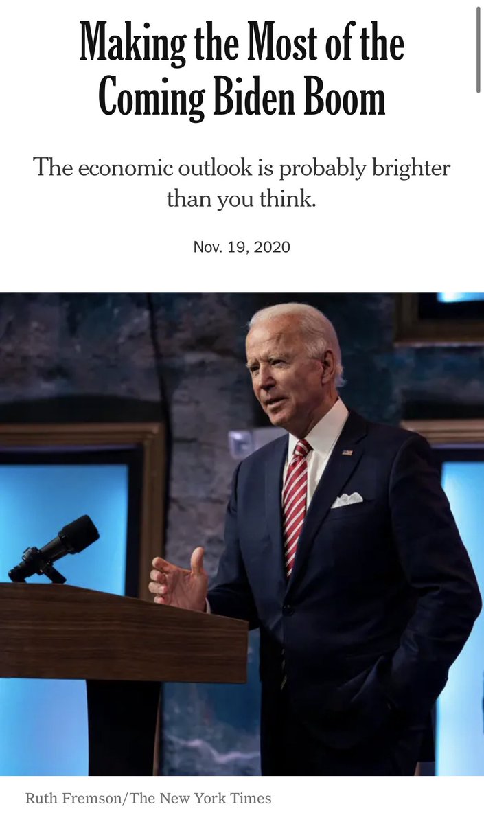 NYT on Trump’s 2016 win: “If the question is when markets will recover, a first-pass answer is never.” 

NYT on Biden’s 2020 win: “Making the Most of the Coming Biden Boom
The economic outlook is probably brighter than you think.”