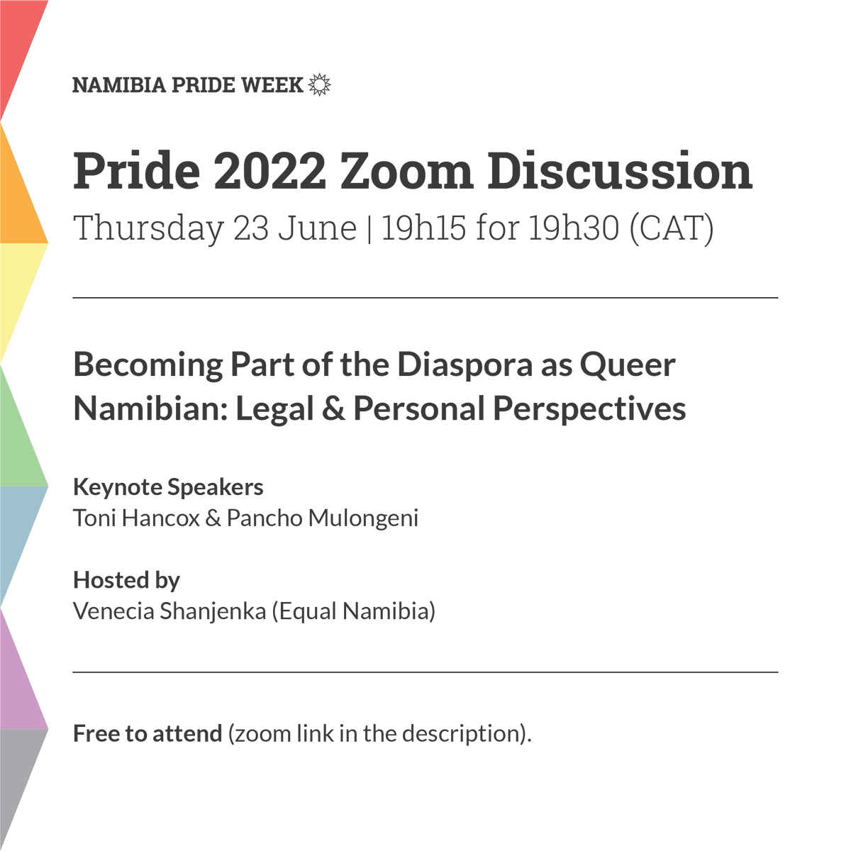 namprideweek's tweet photo. Pride 2022 Zoom Discussion 🗣

Becoming Part of the Diaspora as Queer Namibian: Legal and Personal Perspectives

Keynote Speakers:
Toni Hancox &amp; Pancho Mulongeni

Hosted by:
Venecia Shanjenka @EqualNamibia 

📅 Thursday 23 June
⏰ 19h15 for 19h30 (CAT) https://t.co/blWoTWqUrZ