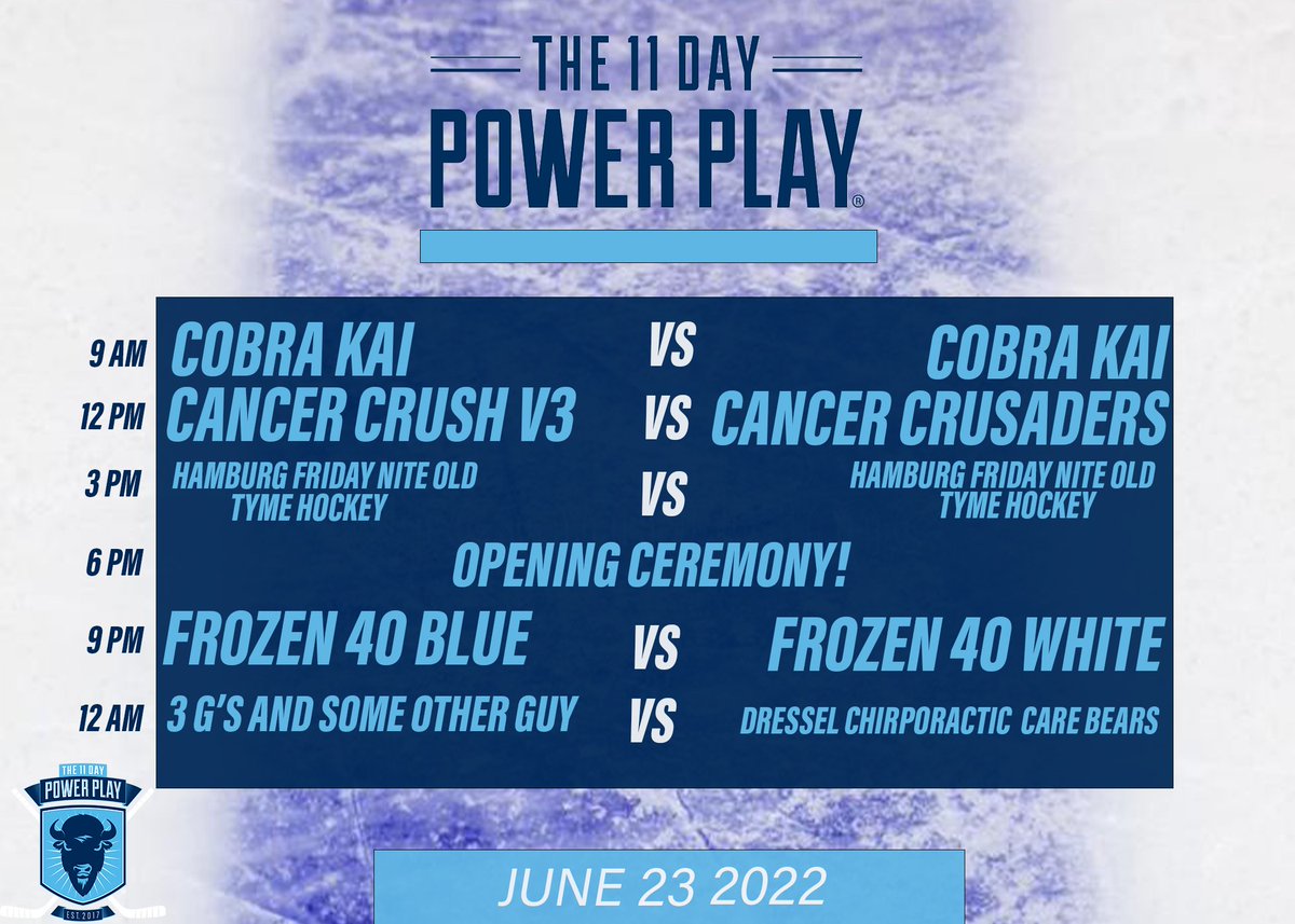 11DayPowerPlay's tweet photo. TODAY'S THE DAY!! Here's the action scheduled for the first day of shifts! And don't forget to come see the opening ceremony at 6pm tonight!
#PutCancerOnIce #11DPP https://t.co/BUbHaGWAes
