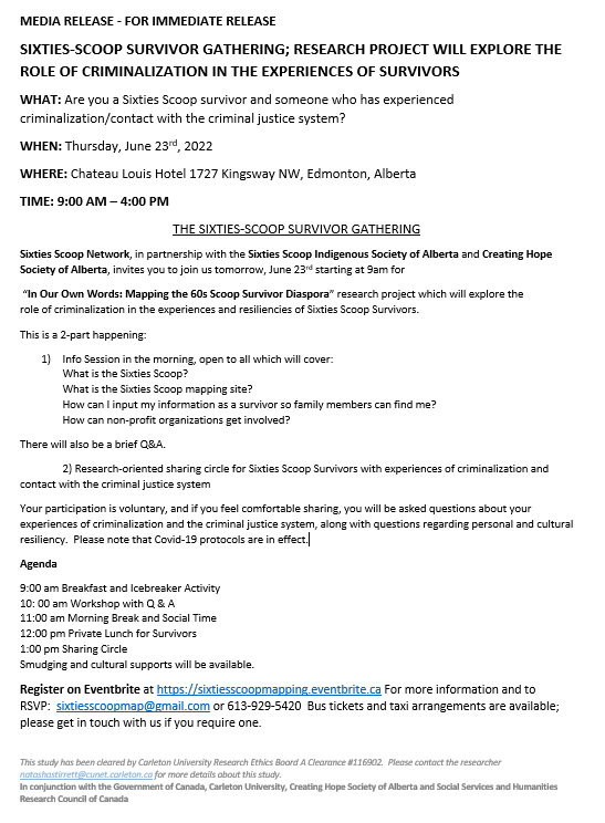 Creating_Hope_'s tweet image. Please RT &amp;amp; help us get the word out!

Join us for a 60s Scoop Survivor Gathering tomorrow at Chateau Louis starting at 9am

#60sscoop #Yeg #indigenous #sixtiesscoop