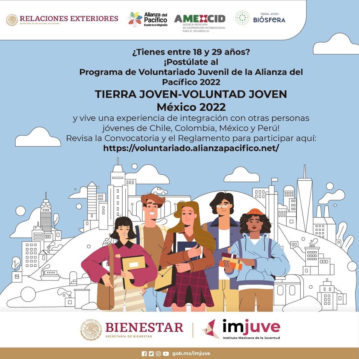 OficialCUCS's tweet photo. El #CUCS 🏛 los invita al Programa de Voluntariado Juvenil "Tierra Joven-Voluntad Joven México 2022". 👥 por parte de IMJUVE Instituto Mexicano de la Juventud con el fin de vivir experiencias de integración a través de Chile, Colombia, México y Perú. 🇨🇱🇨🇴🇲🇽 https://t.co/vYXxWEnfxF