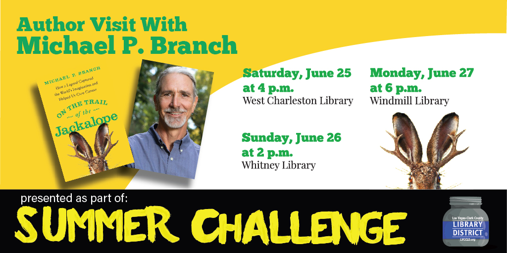 LVCCLD's tweet photo. Let's go "On the Trail of the Jackalope" for #SummerChallenge! You have three opportunities to see #NevadaReads author Michael P. Branch from June 25-27 where he will talk about the never-before-told story of the horned rabbit. Details: https://t.co/4b9k6KcAzM. #ChallengeAccepted https://t.co/V54trJrPdA