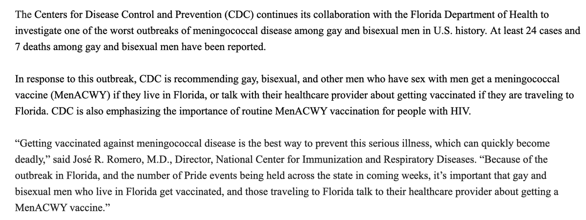 HelenBranswell's tweet photo. Gay, bisexual &amp; other men who have sex with men in Florida — or who are planning travel to Florida — should get vaccinated against meningitis, @CDCgov says as it helps the state fight one of the worse outbreaks of meningococcal disease in that community in US history. https://t.co/hfpHWcsjtX