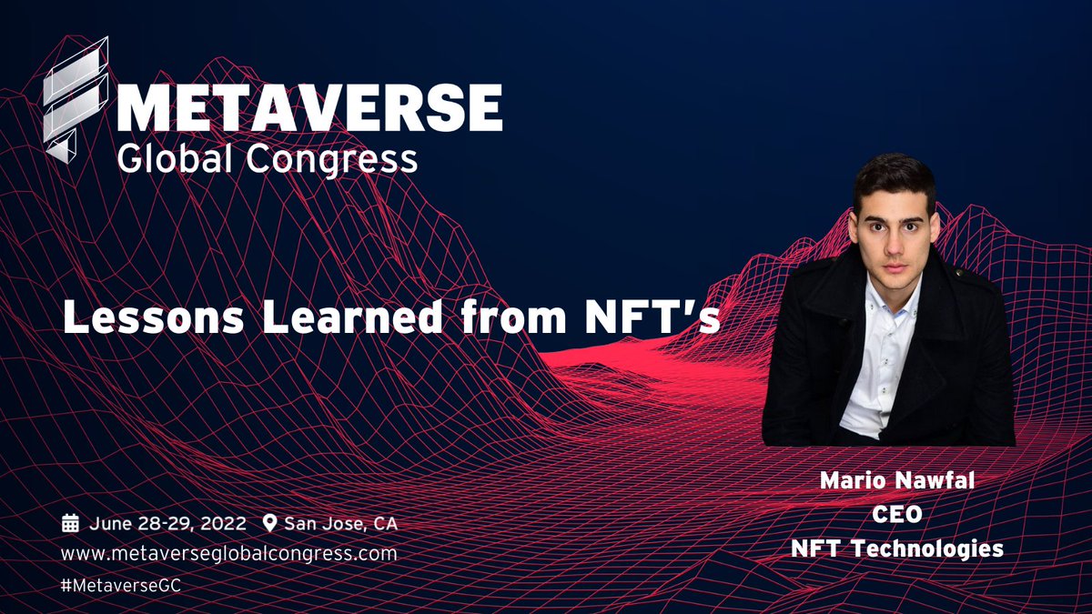 MetaverseGC's tweet photo. One week away! Join the Keynote "Lessons Learned from NFT’s" with Mario Nawfal, CEO, NFT Technologies at Metaverse Global Congress this June 28 - 29th in San Jose, CA.

https://t.co/s8bgqid8h7 https://t.co/OVTLKx1evh