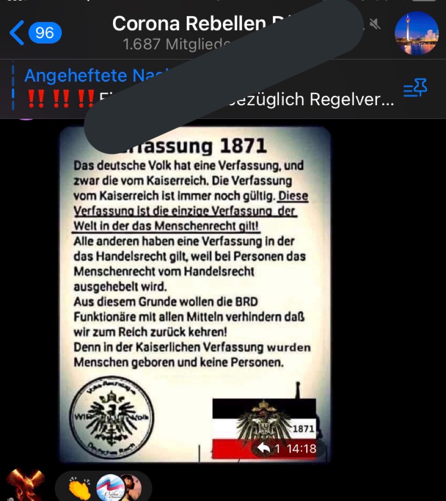Alerta0211's tweet photo. Carolus „Flecki“ F. teilt ein Reichsbürger-Bildchen im Chat der immer wieder offen-rechts in Erscheinung tretenden „Corona Rebellen #Duesseldorf“.
Die normalste Reaktion von Tomas M.: „Todesstrafe🥰🥰“
#Coronazis #noCRD https://t.co/XQnsG22svz